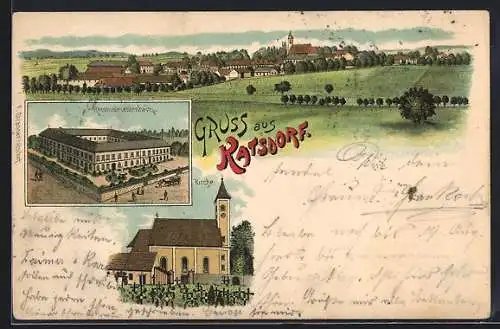 Lithographie Katsdorf, Kirche mit Friedhof, Totale, Reconvalescentheim