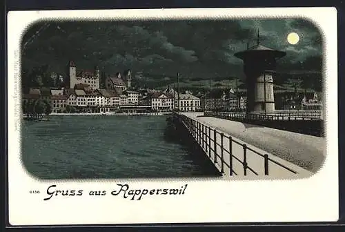 AK Rapperswil, Teilansicht des Ortes mit Brücke und Turm