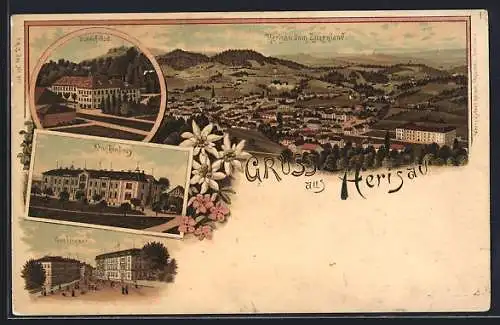 Lithographie Herisau, Krankenhaus, Poststrasse, Heinrichsbad, Gesamtansicht