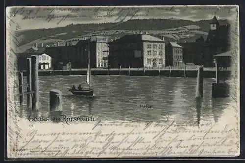 Mondschein-Lithographie Rorschach, Gebäude am Hafen