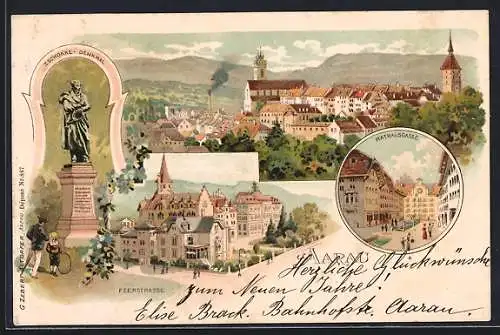 Lithographie Aarau, Zschkke-Denkmal, Ortsansicht, Rathausgasse, Feerstrasse