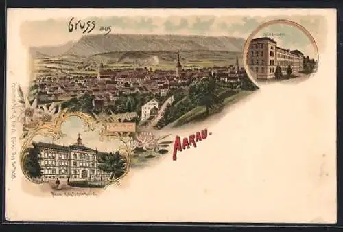 Lithographie Aarau, Neue Kaserne, Neue Kantonschule, Panorama