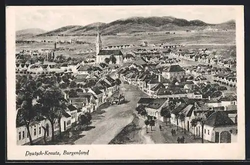 AK Deutsch-Kreutz /Burgenland, Strassenpartie aus der Vogelschau, Blick zur Kirche