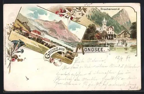 Lithographie Mondsee, Ortsansicht, Drachenwand