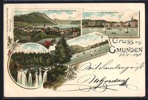 Lithographie Gmunden, Landungsplatz, Traunfall, Schloss Ort