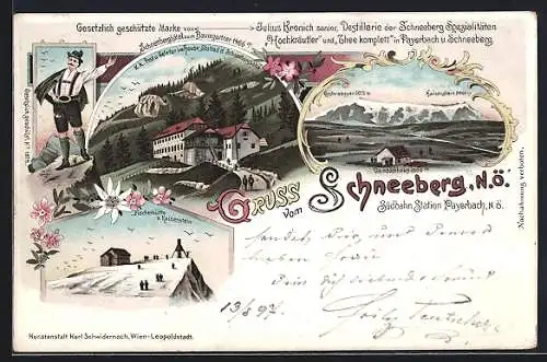 Lithographie Puchberg am Schneeberg, Schneeberghotel Baumgartner, Destillerie Schneeberg-Spezialitäten Julius Kronich