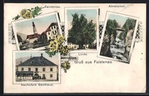 AK Faistenau, Neuhofer Gasthaus, Almklamm, Linde, Platz mit Blick zur Kirche