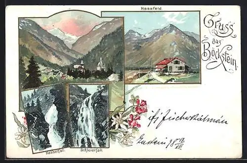 Lithographie Böckstein, Kesselfall, Schleierfall, Nassfeld, Gebirgspanorama