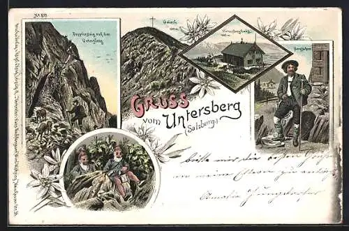 Lithographie Untersberghaus /Salzburg, Geieckspitze, Doppfersteig auf dem Unterberg, Bergführer