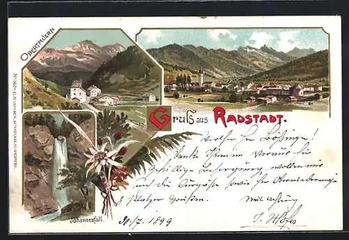 Lithographie Radstadt, Johannesfall, Panoramablick auf den Ort