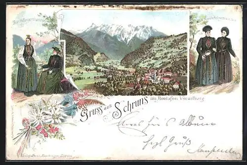 Lithographie Schruns im Montafon, Ortsansicht gegen das Gebirge, Montafonertrachten