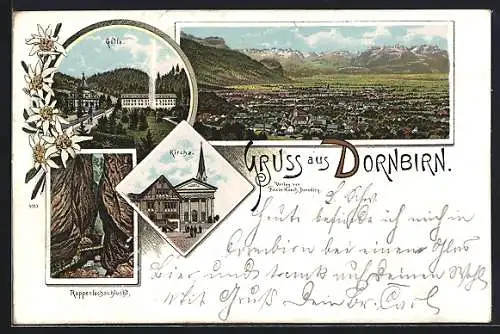 Lithographie Dornbirn, Totalansicht, Kirche & Rappenlochschlucht