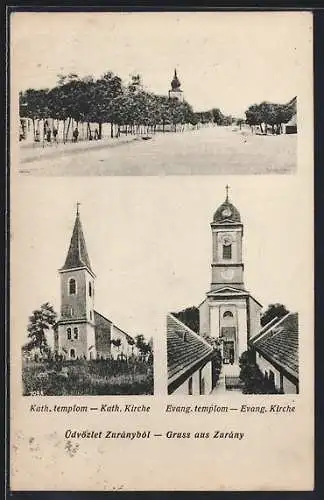 AK Zurany, Kath. Kirche, Evang. Kirche, Strassenpartie