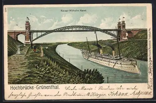 Lithographie Grünental / Albersdorf, Hochbrücke über dem Kaiser Wilhelm Kanal, Yacht Hohenzollern