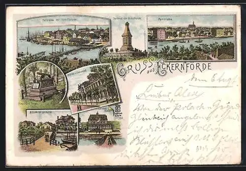 Lithographie Eckernförde, Schiffbrücke, Denkmal der Südschanze und Strand-Hotel