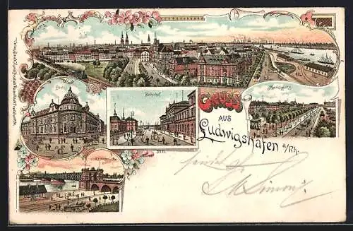 Lithographie Ludwigshafen a Rh., Bahnhof, Post, Rheinbrücke, Ortsansicht aus der Vogelschau