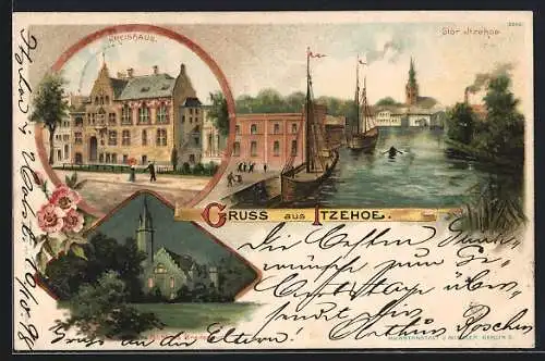 Lithographie Itzehoe, Kreishaus, Stör mit Segelschiffen & Schloss Breitenburg