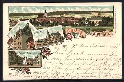 Lithographie Neustadt a. Orla, Rathaus, Marktplatz mit Kriegerdenkmal, Bahnhofstrasse