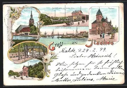 Lithographie Itzehoe, Bahnhofshotel, Rönnfeld`s Gasthof Sude und Postamt