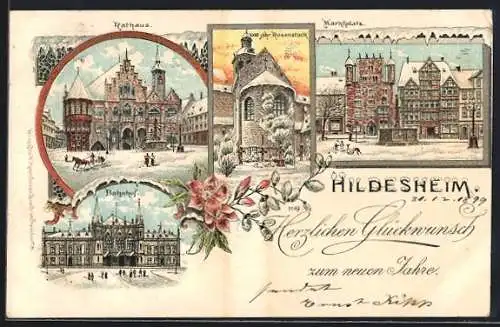 Winter-Lithographie Hildesheim, Bahnhof, Rathaus, Marktplatz