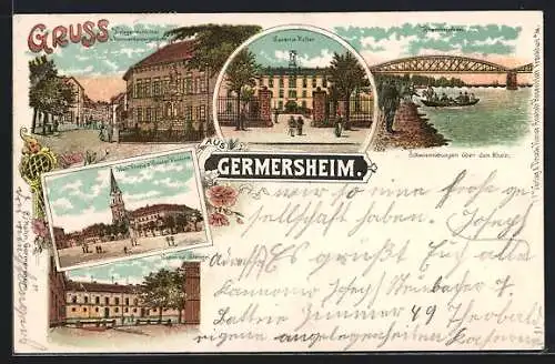 Lithographie Germersheim, Kaserne Stengel, Kaserne Zoller. Kriegerdenkmal und Kommandanturgebäude