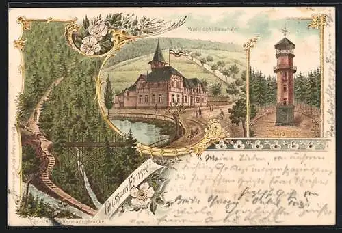 Lithographie Gera, Ernsee, Metzhöhe, Waldschlösschen, Ebersteig und Hermannsbrücke, Jugendstilrahmen