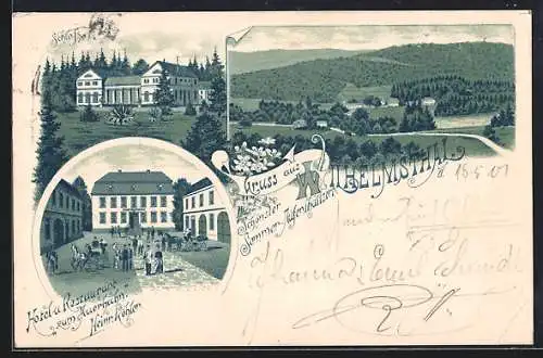 Lithographie Wilhelmsthal / Eisenach, Hotel Restaurant zum Auerhahn v. K. Köhler, Schloss, Blick zum Ort