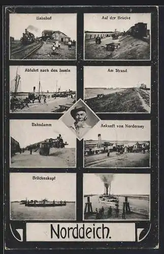 AK Norddeich / Ostfriesland, Bahnhof mit Eisenbahn, Dampferankunft Norderney