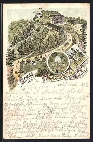 Lithographie Dresden-Wachwitz, Restaurant und Aussichtsplattform auf dem Wachberg