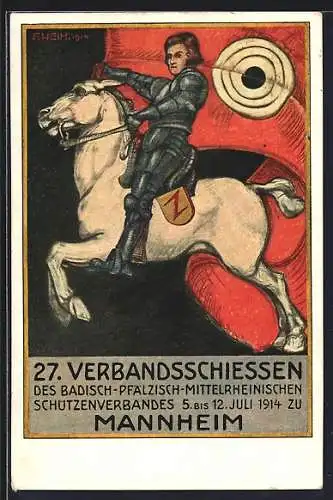 Künstler-AK Mannheim, 27. Verbandsschiessen 1914, Ritter zu Ross mit Fahne