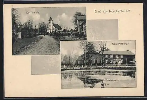 AK Nordhackstedt, Gasthaus, Ortspartie mit Kirche