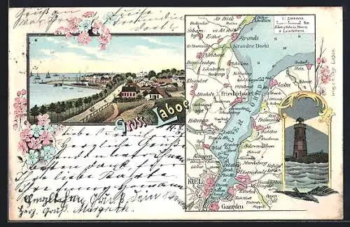 Lithographie Laboe, Teilansicht, Leuchtturm, Landkarte mit Klausdorf, Altenholz und Kiel