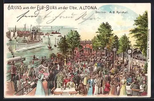 Lithographie Hamburg-Altona, Hafenpartie mit Menschenmassen im Gasthaus Elb-Burg von der A. B. Reichel