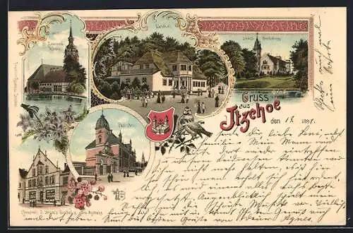 Lithographie Itzehoe, Eichthal, Post-Amt, Schloss Breitenburg