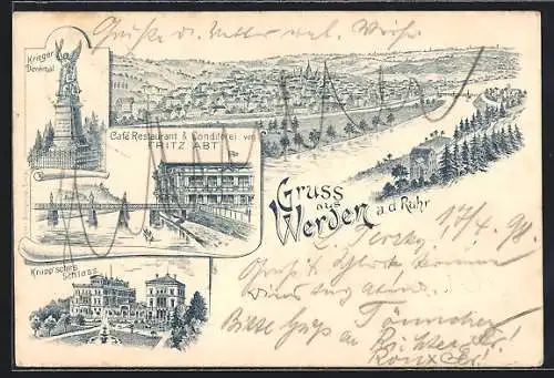 Lithographie Werden / Ruhr, Cafe-Restaurant von Fritz Abt, Krupp`sches Schloss