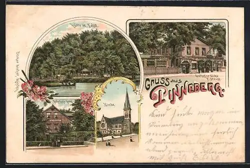 Lithographie Pinneberg, Gasthaus zur Eiche, Bahnhof`s Hotel, Hütte im Fahlt, Kirche