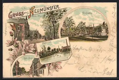 Lithographie Neumünster, Kieler Strasse, Markt, Mühlenteich