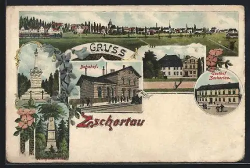 Lithographie Zschortau, Gasthaus Zschortau, Bahnhof, Kriegerdenkmal