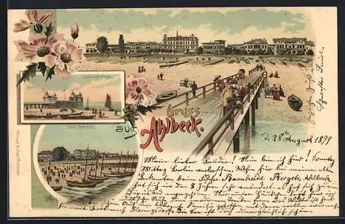 Lithographie Ahlbeck / Ostseebad, Hotel Seeblick, Landungsbrücke, Strandpartie