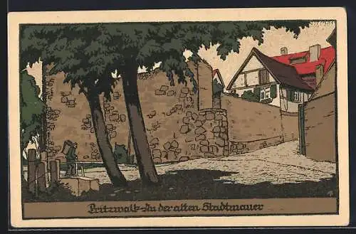 Steindruck-AK Pritzwalk, Partie an der alten Stadtmauer