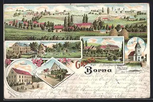 Lithographie Borna / Sächs. Schweiz, Gasthof, Fabrik v. C. A. Knauthe, Gut Lotze