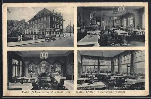 AK Hohenstein-Ernstthal, Hotel Schweizerhaus, Innenansichten Cafe und Gastzimmer