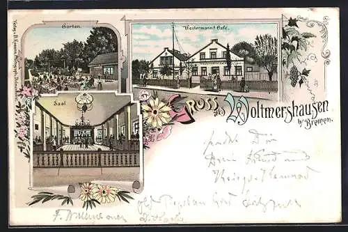 Lithographie Woltmershausen b. Bremen, Westermann`s Café, Garten und Saal