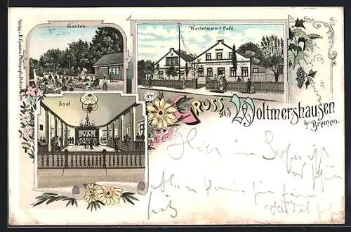 Lithographie Woltmershausen bei Bremen, Westermanns Cafe mit Garten und Saal