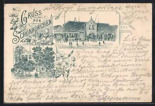 Lithographie Schönkirchen, Gasthaus H. Arp., Aussenansicht und Sitze im Garten