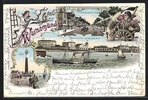 Lithographie Warnemünde, Villen am Seestrande, Spill, Dampfer auf der See und Blick zum Strand