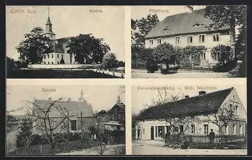 AK Collm O.-L., Kolonialwaren Naumann, Schule, Pfarrhaus, Kirche