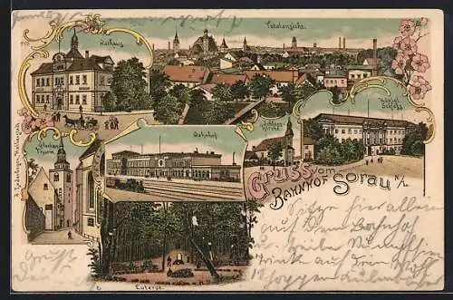 Lithographie Sorau / Zary, Bahnhof, Rathaus, Glockenthurm, Schlosskirche, Königl. Schloss, Euterpe