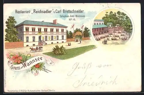 Lithographie Berlin-Wannsee, Restaurant Reichsadler mit Gartenlokal