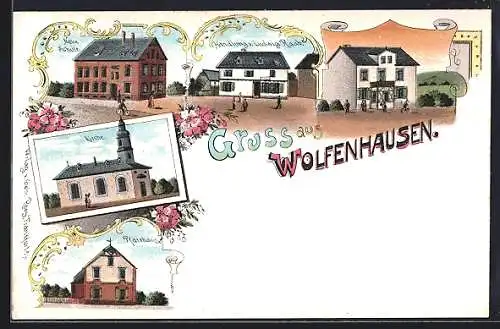 Lithographie Wolfenhausen / Taunus, Handlung von Ludwig Raab, Neue Schule, Pfarrhaus